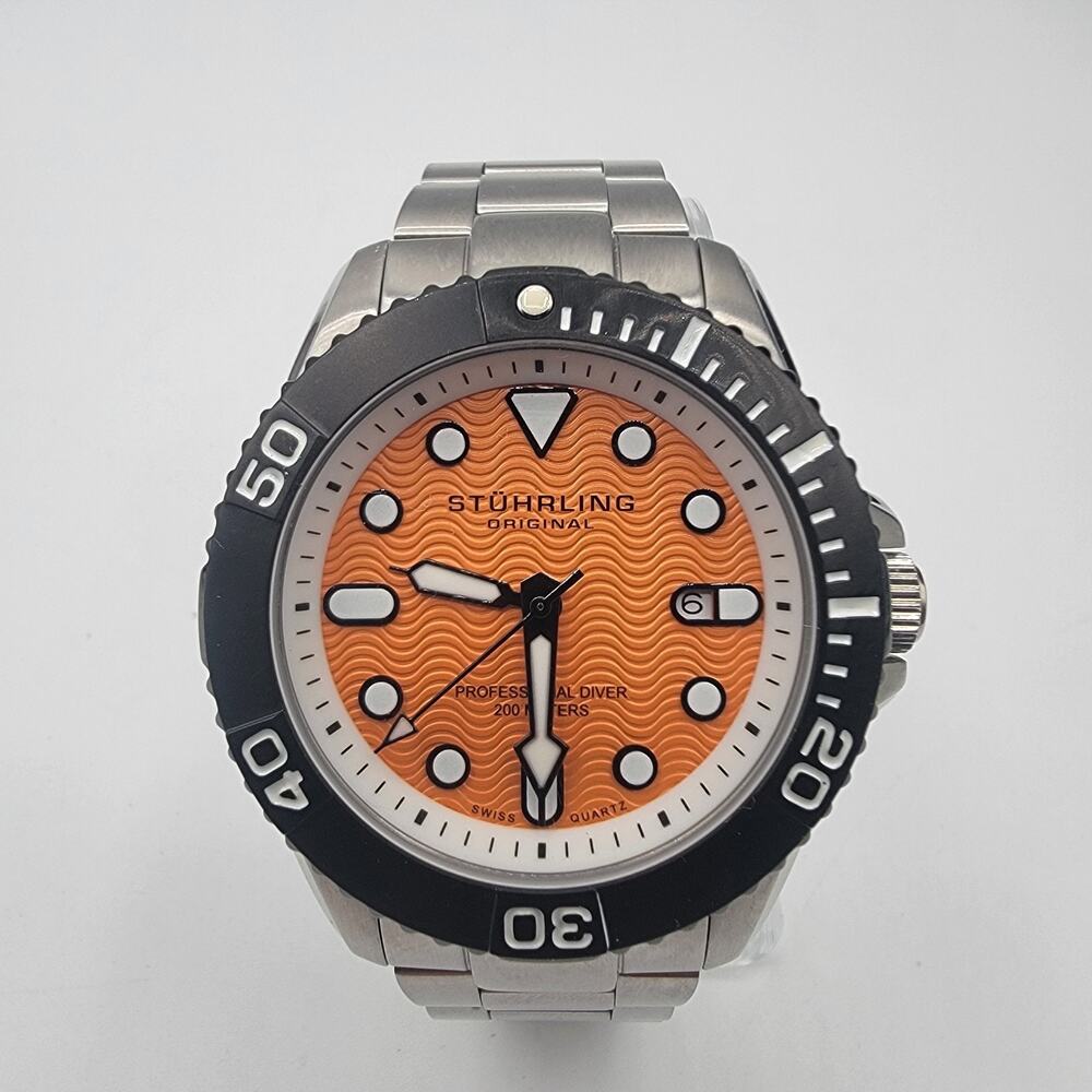 Stuhrling Swiss Original Professional Diver 200 Meters .orange Dial Running